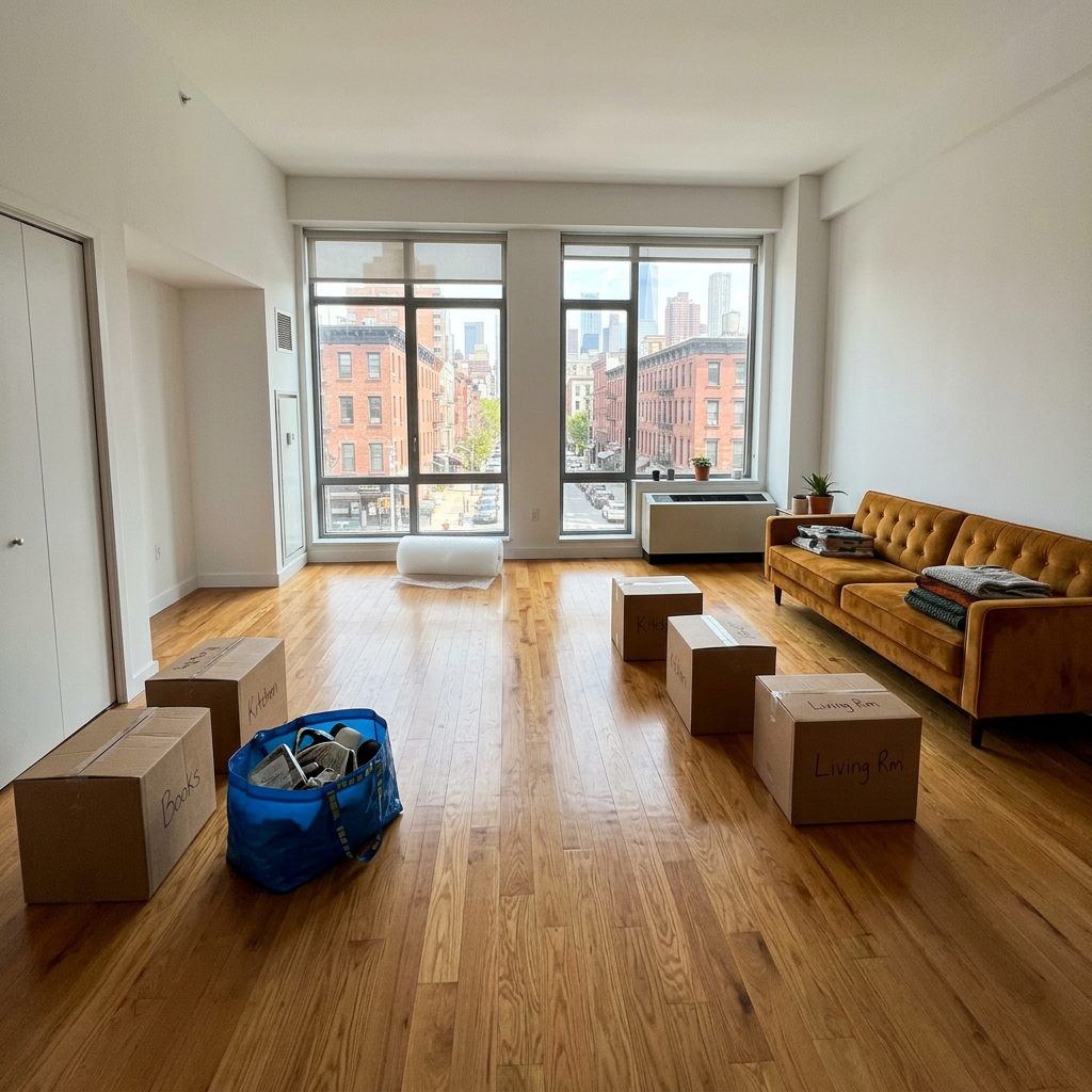 empty NYC apartment with mustard couch