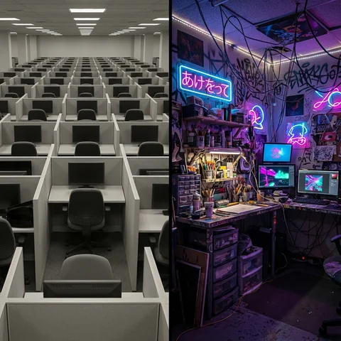 corporate cubicles vs neon creative space
